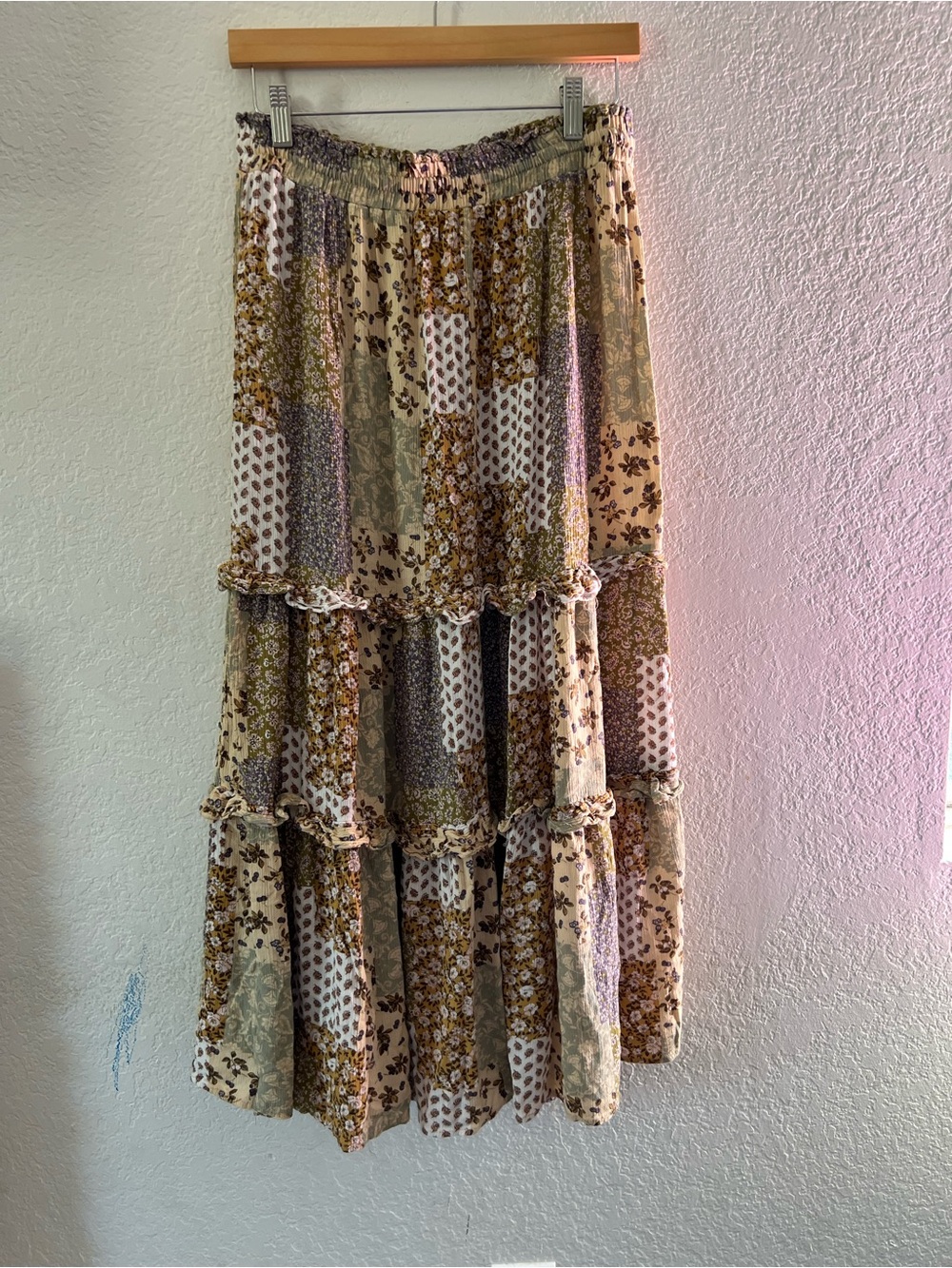 Easel Bohemian Tiered Maxi Skirt in Olive and Cream Patchwork - Picture 5 of 5